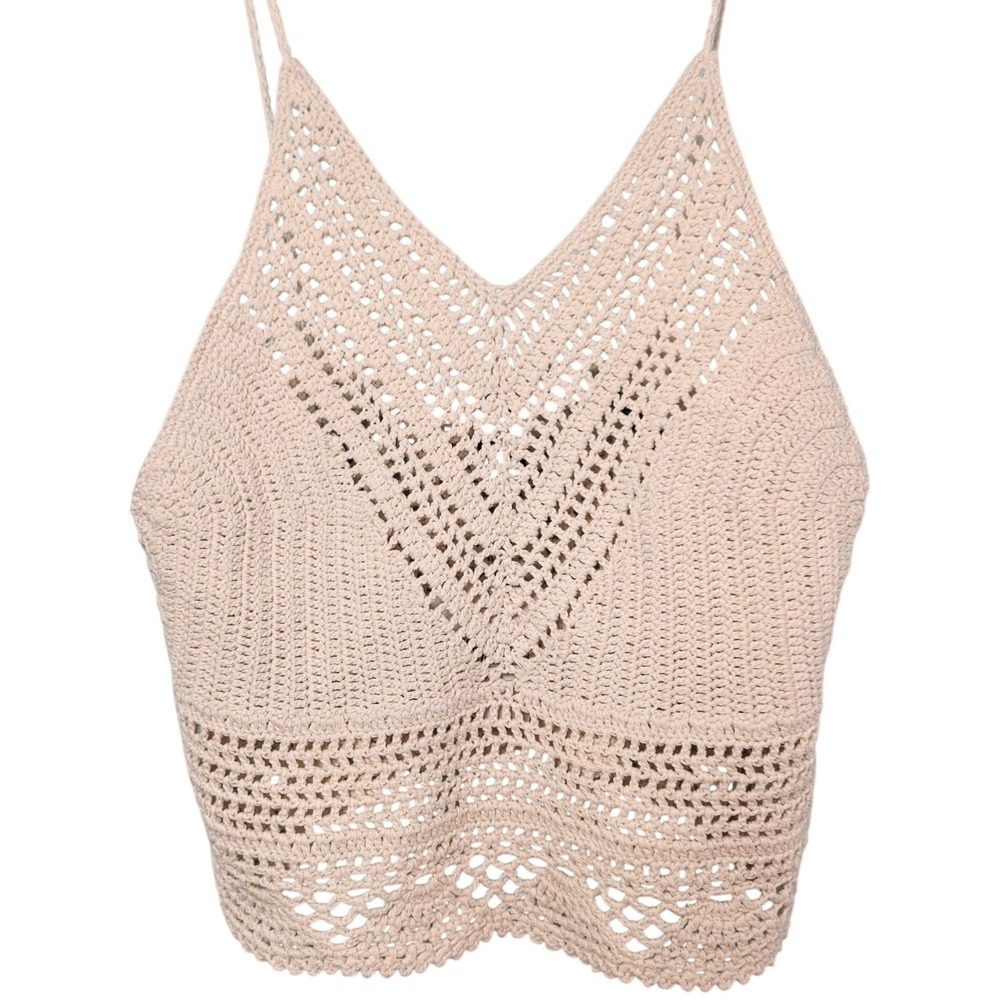 Forever 21 Women Beige Crochet V-Neck Camisole Spaghetti Strap Top Small NWT